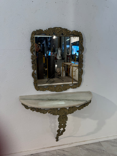 Italian Rococo Revival Mirror and Console Set with Marble Top, 1950s