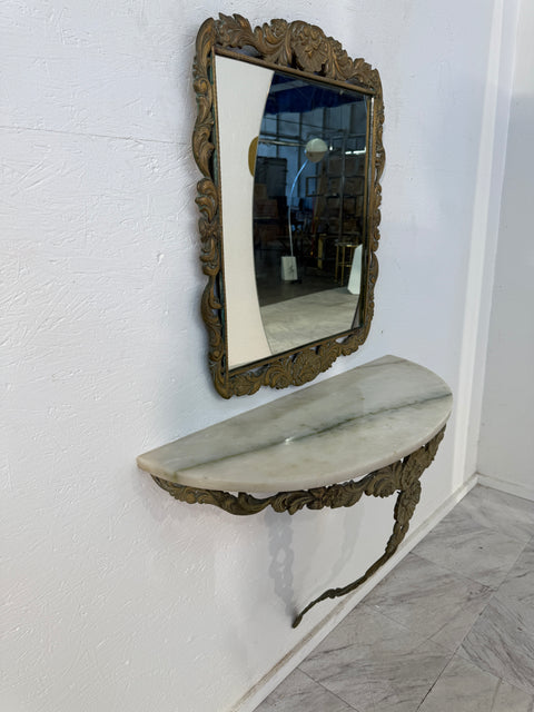 Italian Rococo Revival Mirror and Console Set with Marble Top, 1950s