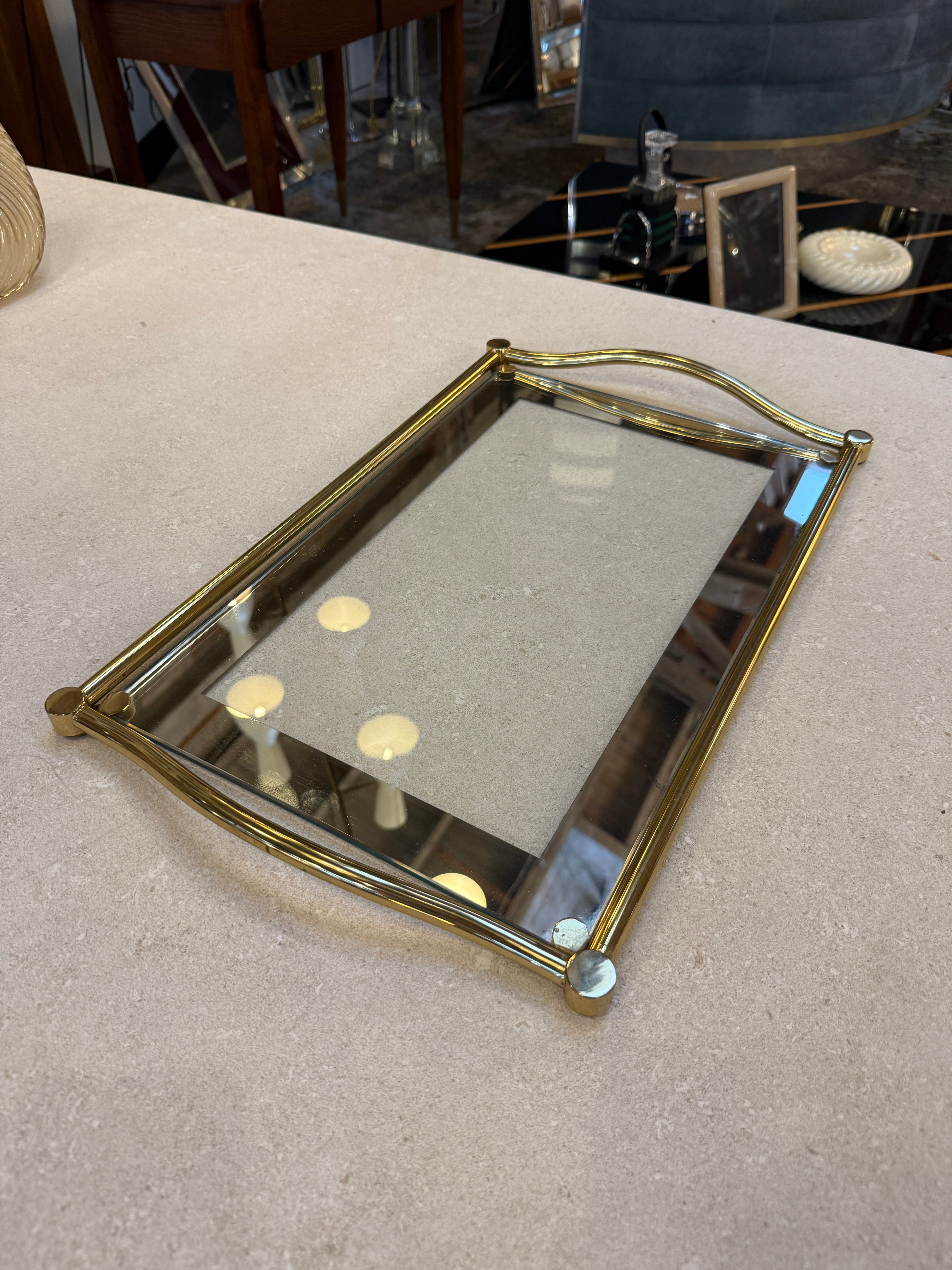 Italian Brass and Glass Rectangular Tray with Curved Handles, 1970s