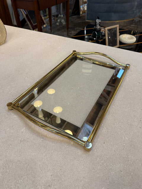 Italian Brass and Glass Rectangular Tray with Curved Handles, 1970s