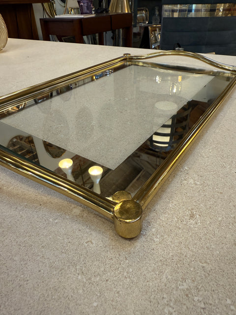 Italian Brass and Glass Rectangular Tray with Curved Handles, 1970s