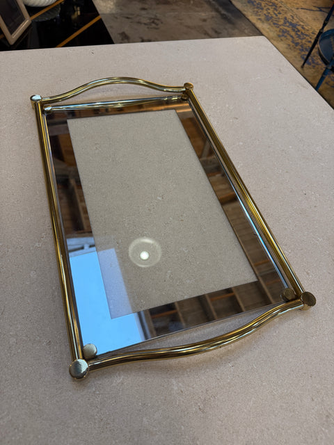 Italian Brass and Glass Rectangular Tray with Curved Handles, 1970s