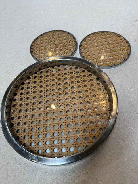 Vintage Chrome and Cane Tray with Matching Coasters, 1970s