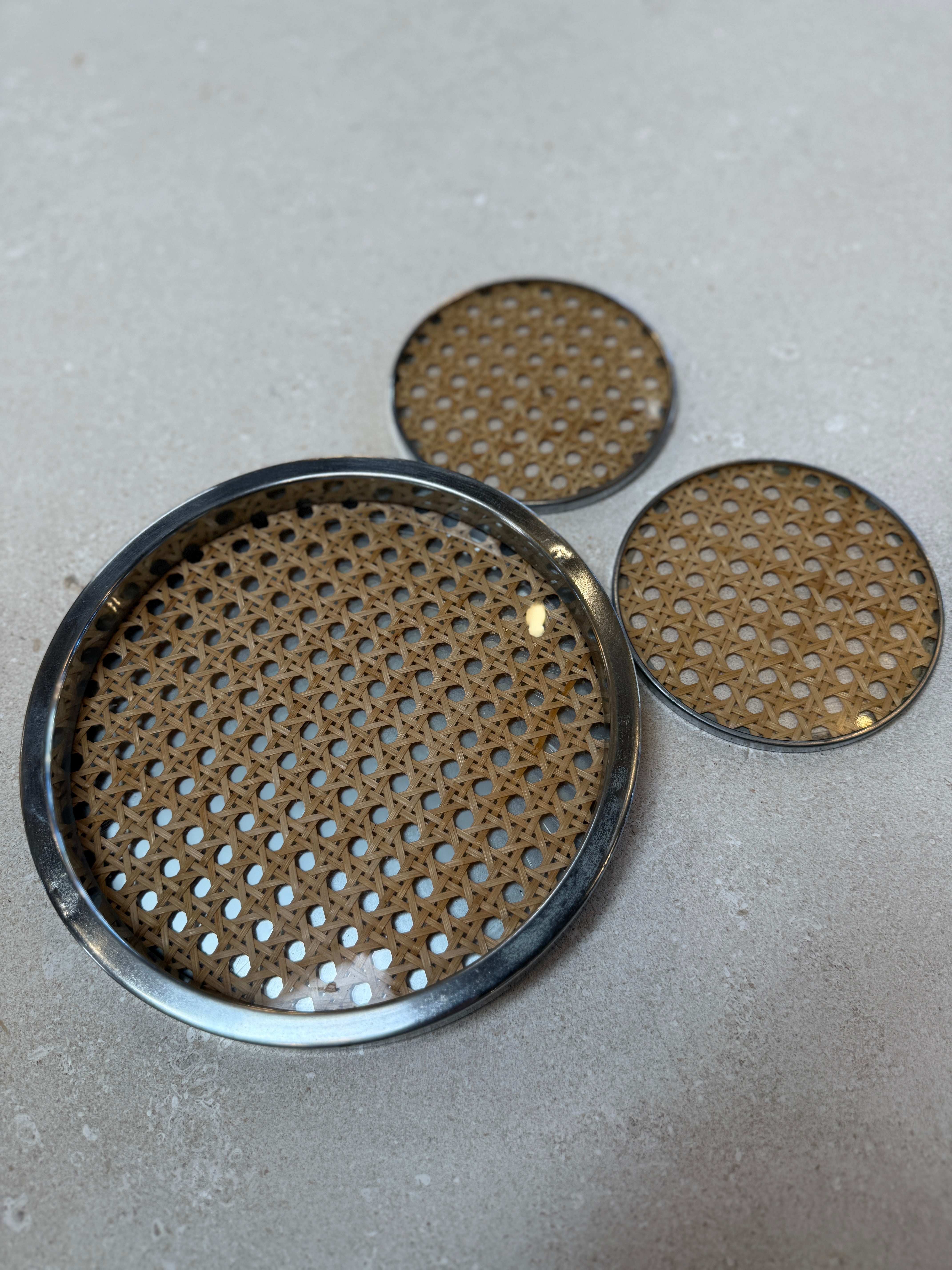 Vintage Chrome and Cane Tray with Matching Coasters, 1970s
