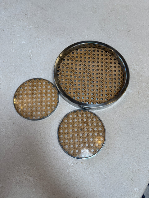 Vintage Chrome and Cane Tray with Matching Coasters, 1970s