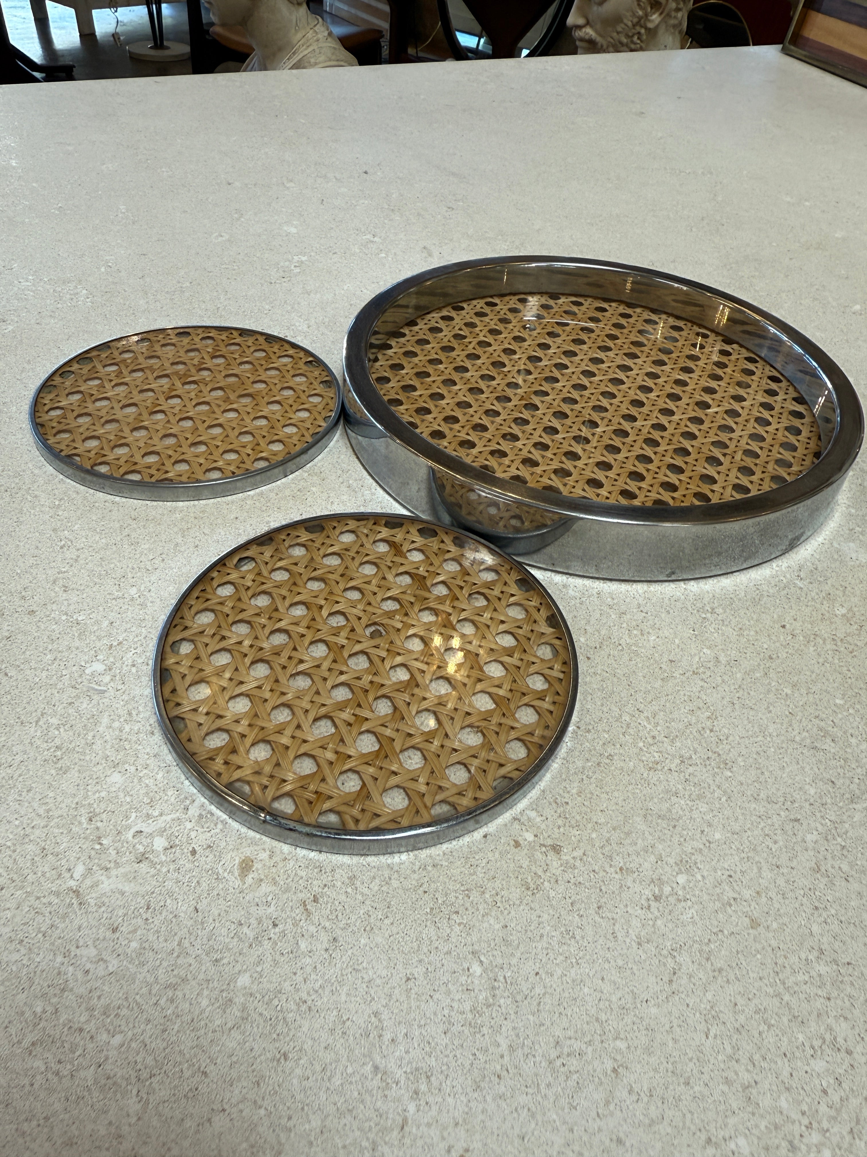 Vintage Chrome and Cane Tray with Matching Coasters, 1970s