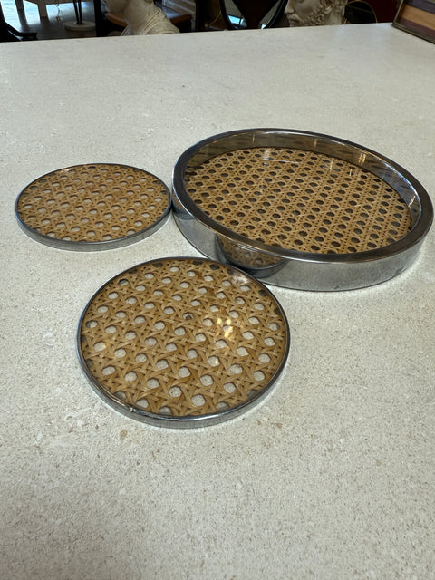 Vintage Chrome and Cane Tray with Matching Coasters, 1970s