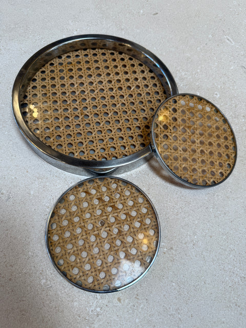 Vintage Chrome and Cane Tray with Matching Coasters, 1970s