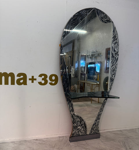 Murano Etched Glass Floor Mirror with Integrated Console Shelf 1950s