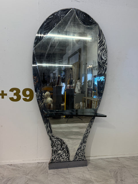 Murano Etched Glass Floor Mirror with Integrated Console Shelf 1950s