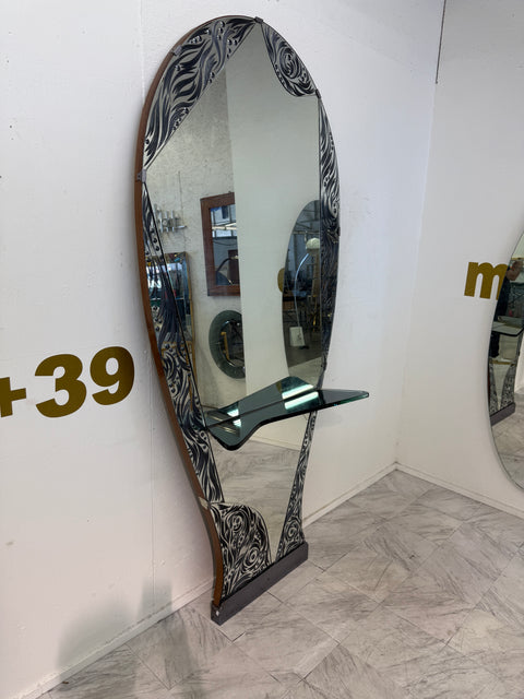 Murano Etched Glass Floor Mirror with Integrated Console Shelf 1950s