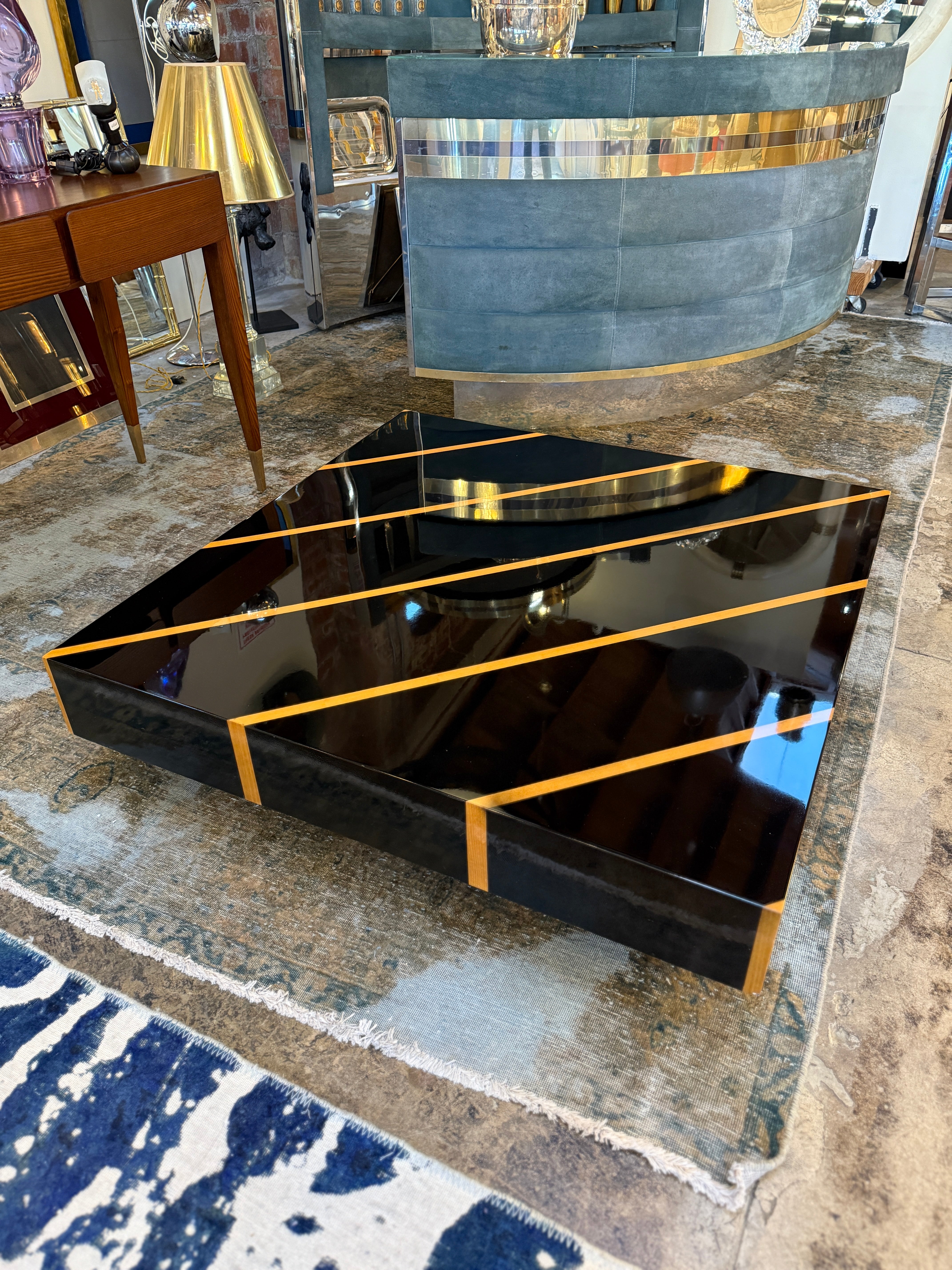 Black Lacquer Coffee Table with Light-Wood Inlay, Italy, 1970s