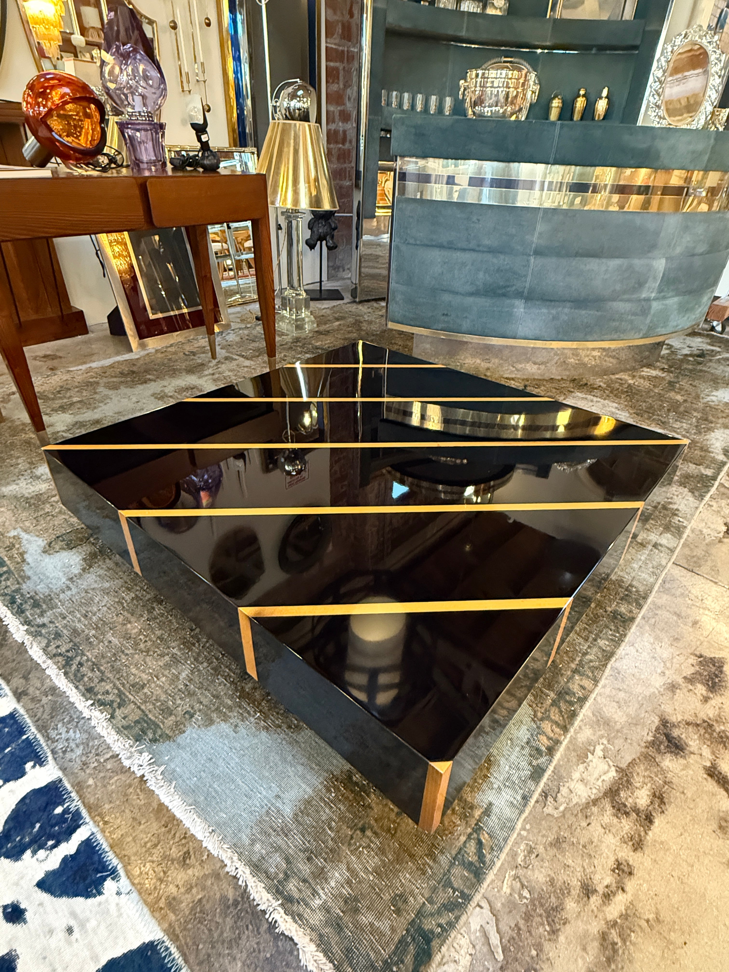 Black Lacquer Coffee Table with Light-Wood Inlay, Italy, 1970s