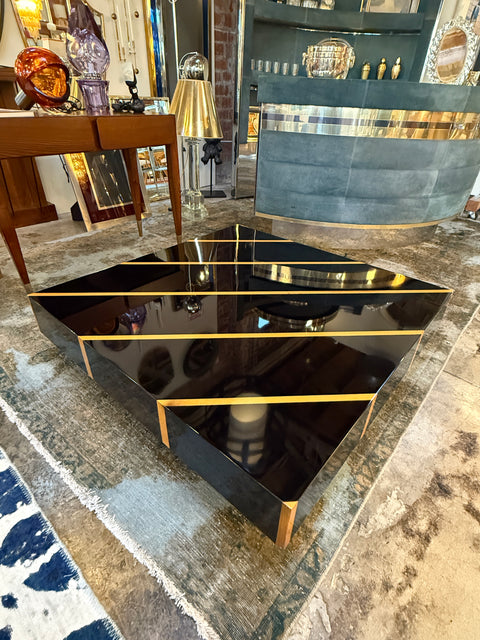 Black Lacquer Coffee Table with Light-Wood Inlay, Italy, 1970s
