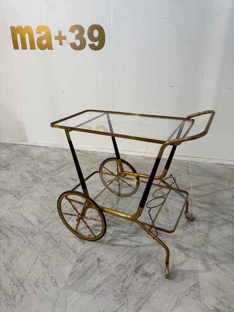 Italian Brass and Glass Bar Cart with Bottle Holder, 1950s