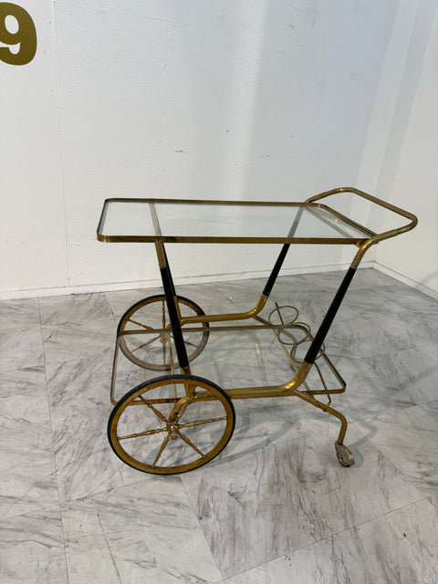 Italian Brass and Glass Bar Cart with Bottle Holder, 1950s