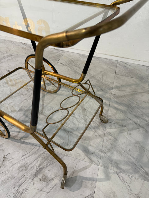 Italian Brass and Glass Bar Cart with Bottle Holder, 1950s