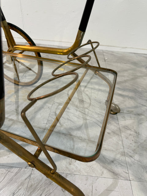 Italian Brass and Glass Bar Cart with Bottle Holder, 1950s