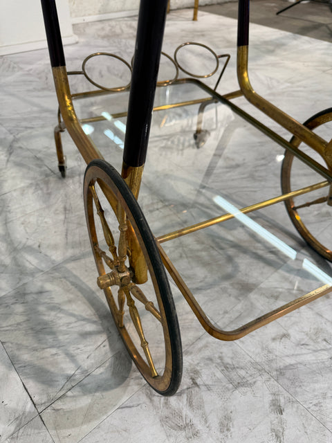 Italian Brass and Glass Bar Cart with Bottle Holder, 1950s