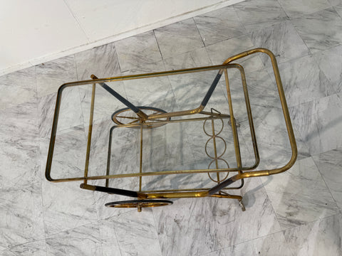 Italian Brass and Glass Bar Cart with Bottle Holder, 1950s