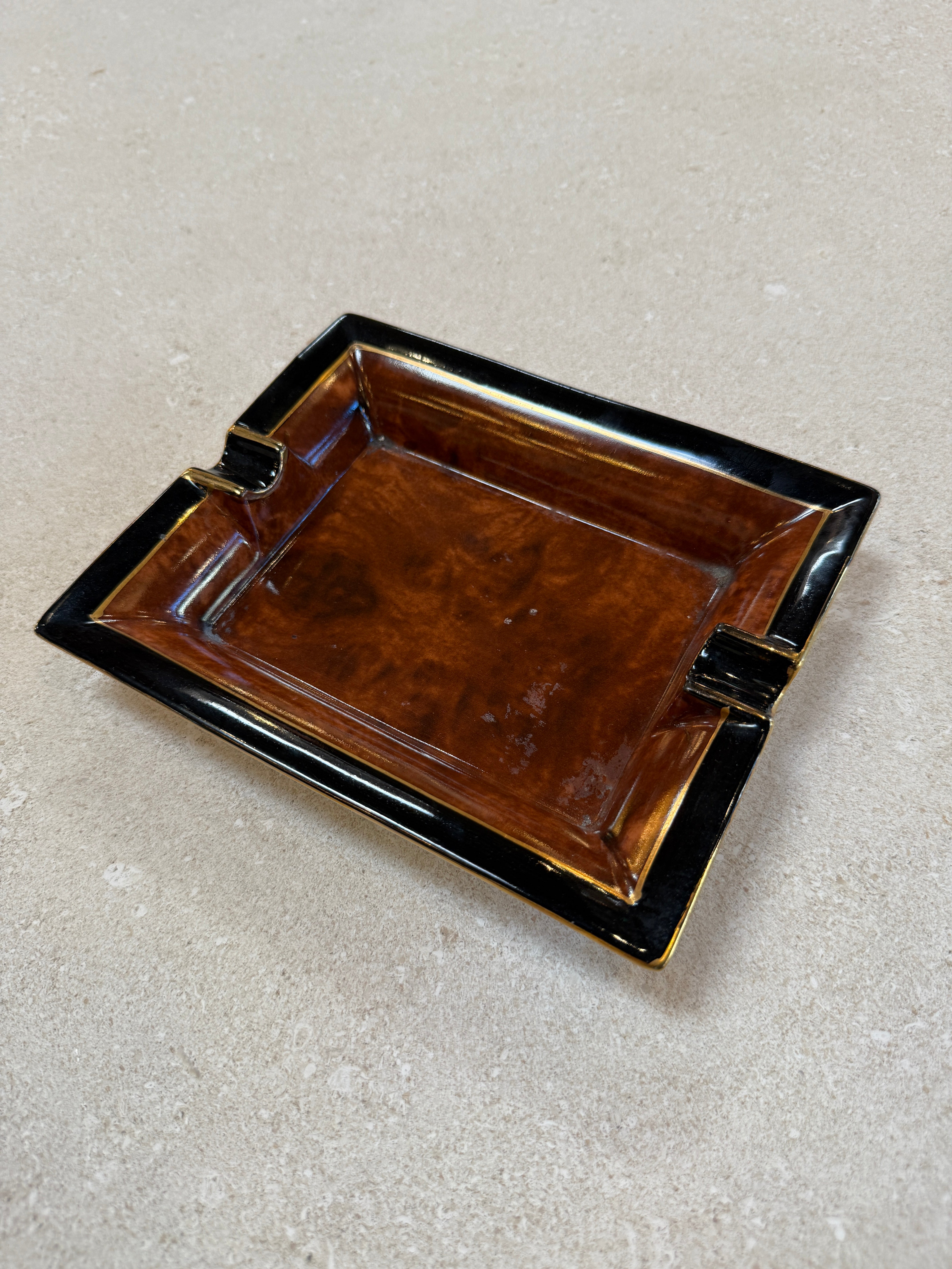 Vintage Italian Ceramic Ashtray with Brown Glaze and Black Border, 1970s
