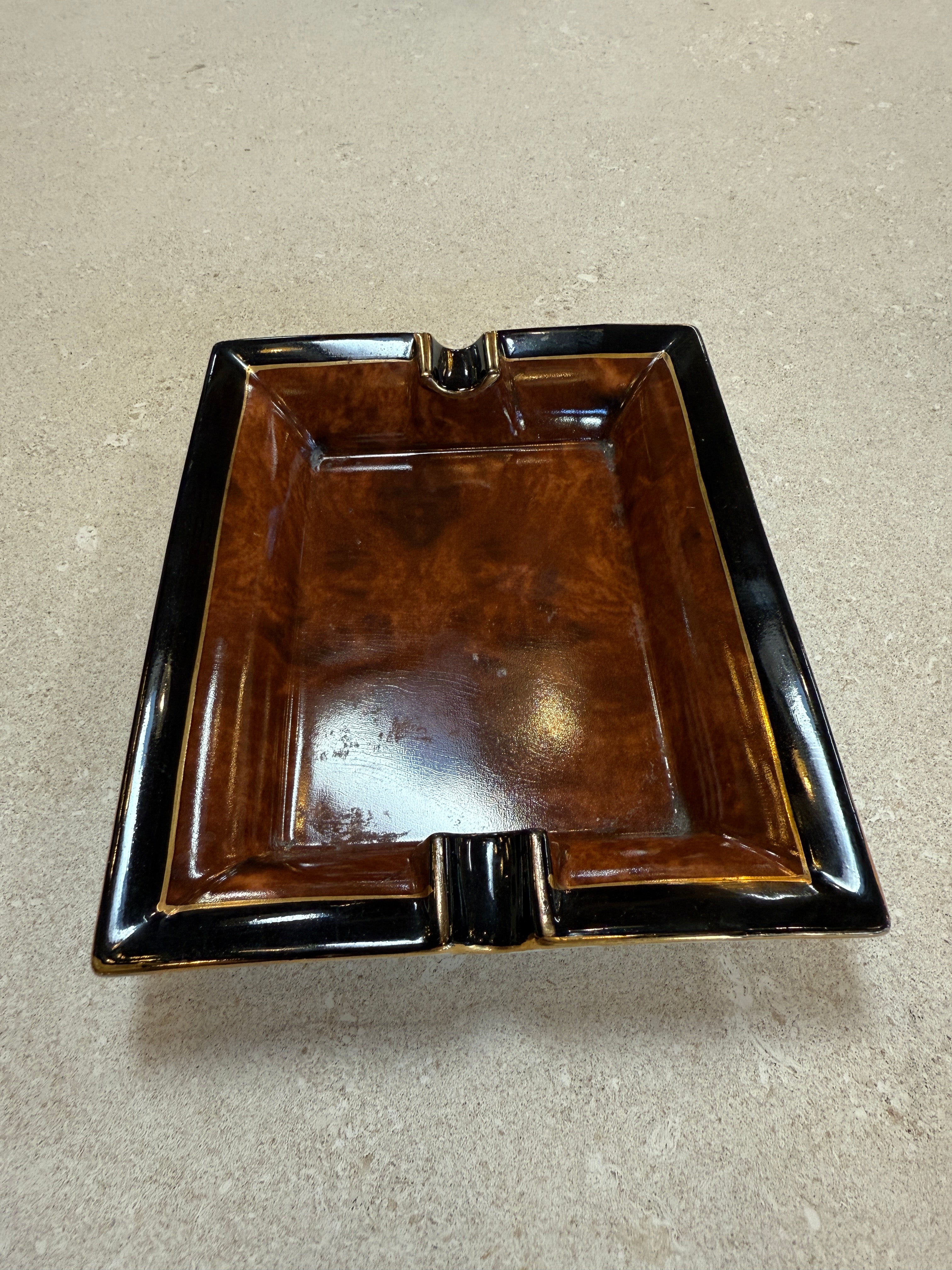 Vintage Italian Ceramic Ashtray with Brown Glaze and Black Border, 1970s