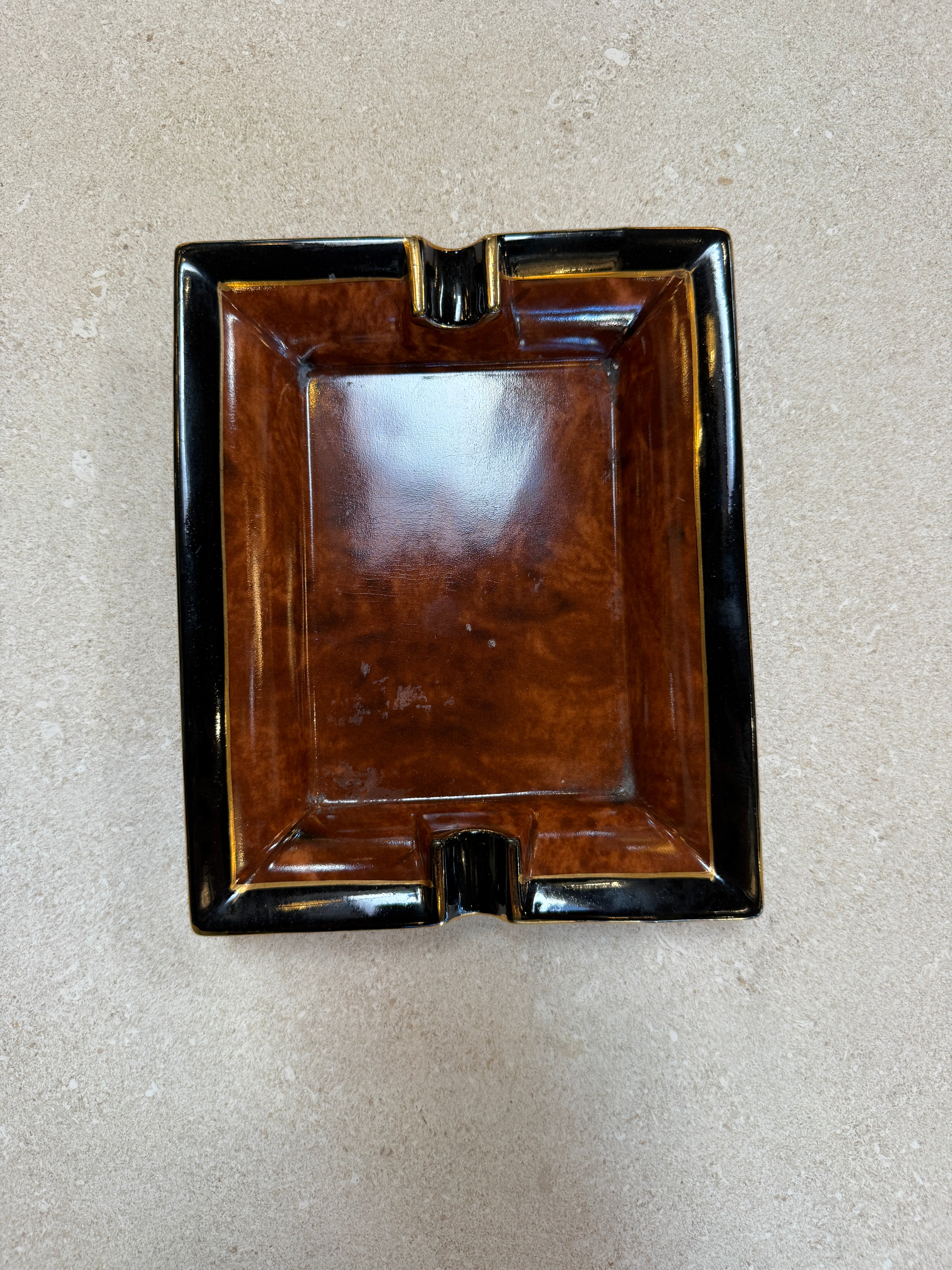 Vintage Italian Ceramic Ashtray with Brown Glaze and Black Border, 1970s