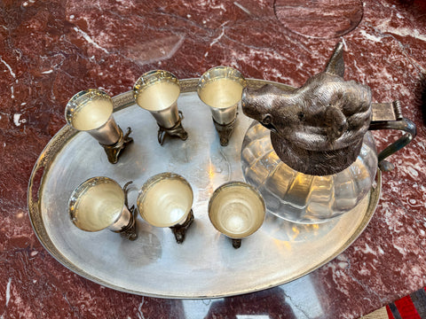 Italian Silver-Plated Animal Head Decanter and Goblet Set by Valenti, 1960s