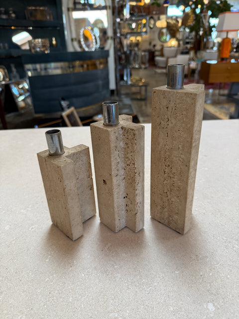 Set of Three Travertine and Chrome Candleholders by C.L.A.M., Italy, 1970s