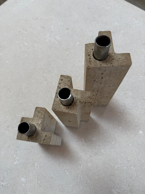 Set of Three Travertine and Chrome Candleholders by C.L.A.M., Italy, 1970s