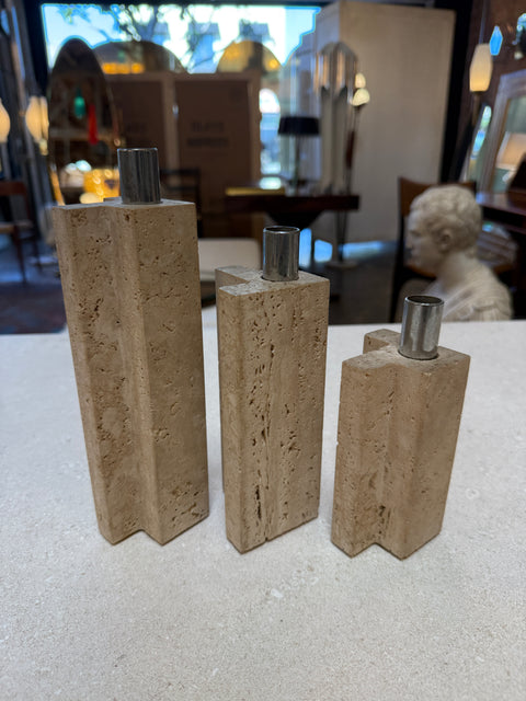 Set of Three Travertine and Chrome Candleholders by C.L.A.M., Italy, 1970s