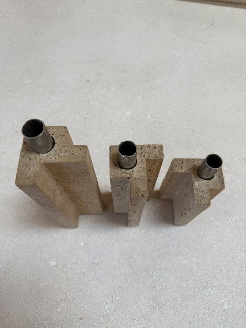 Set of Three Travertine and Chrome Candleholders by C.L.A.M., Italy, 1970s