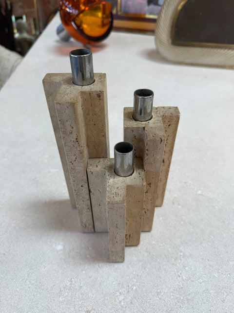Set of Three Travertine and Chrome Candleholders by C.L.A.M., Italy, 1970s