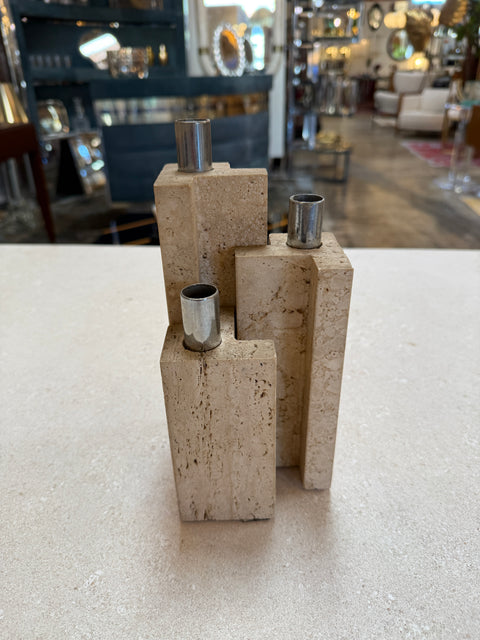 Set of Three Travertine and Chrome Candleholders by C.L.A.M., Italy, 1970s