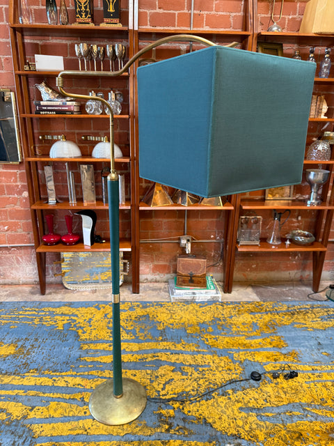Mid-Century Modern Brass Floor Lamp with Teal Fabric Shade