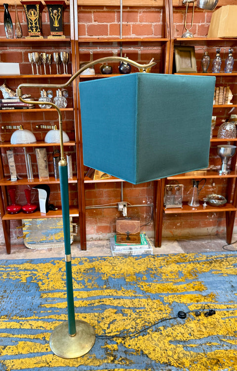 Mid-Century Modern Brass Floor Lamp with Teal Fabric Shade