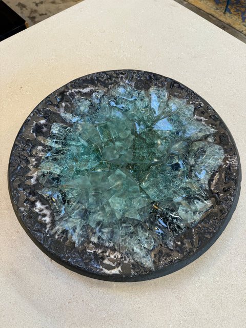 Italian Cast Glass and Textured Metal Centerpiece Bowl, 1970s