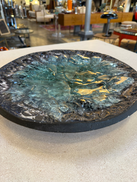 Italian Cast Glass and Textured Metal Centerpiece Bowl, 1970s