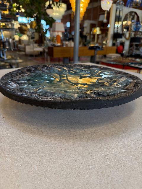 Italian Cast Glass and Textured Metal Centerpiece Bowl, 1970s