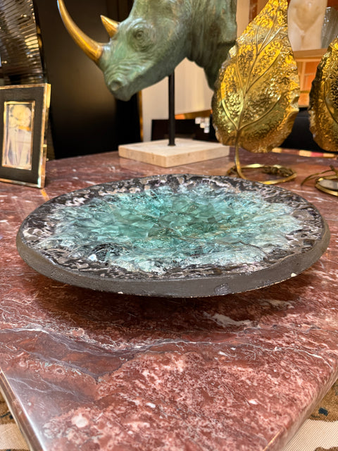 Italian Cast Glass and Textured Metal Centerpiece Bowl, 1970s