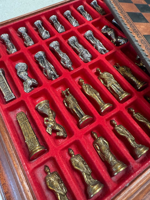 Italian Chess Set in Cast Metal on Carved Wooden Board, 1970s