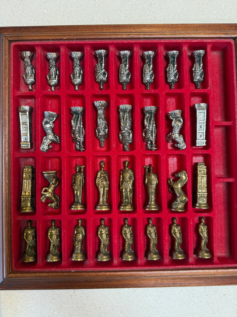 Italian Chess Set in Cast Metal on Carved Wooden Board, 1970s