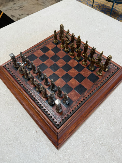 Italian Chess Set in Cast Metal on Carved Wooden Board, 1970s