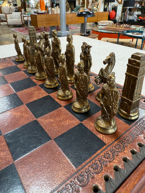 Italian Chess Set in Cast Metal on Carved Wooden Board, 1970s
