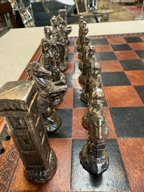 Italian Chess Set in Cast Metal on Carved Wooden Board, 1970s