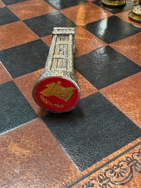 Italian Chess Set in Cast Metal on Carved Wooden Board, 1970s