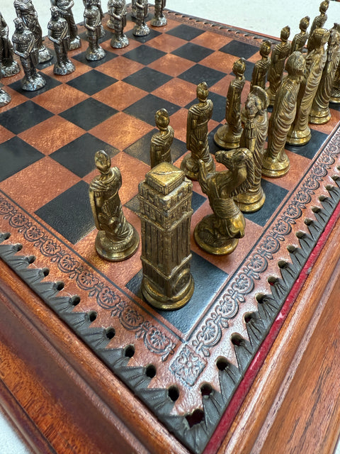 Italian Chess Set in Cast Metal on Carved Wooden Board, 1970s