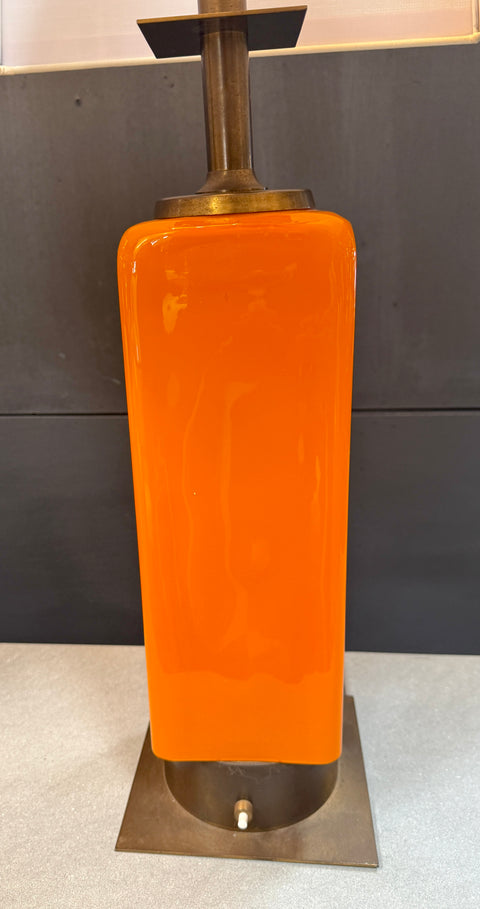 Stilnovo Orange Enamel Table Lamp with Custom Shade, Italy, 1970s