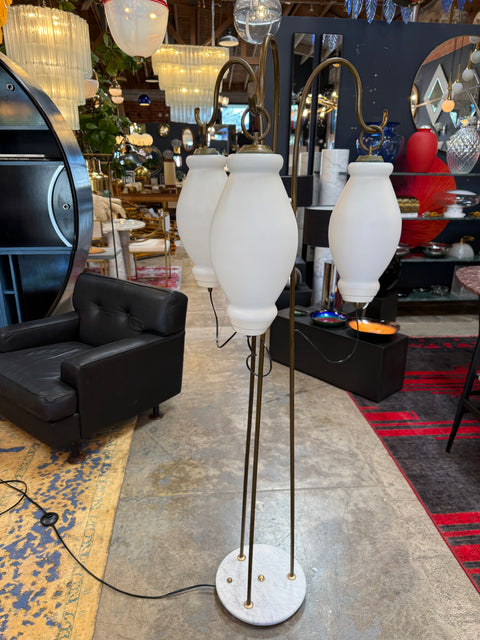 Floor Lamp with Tripod Arms and Opaline Glass Shades, 1950s