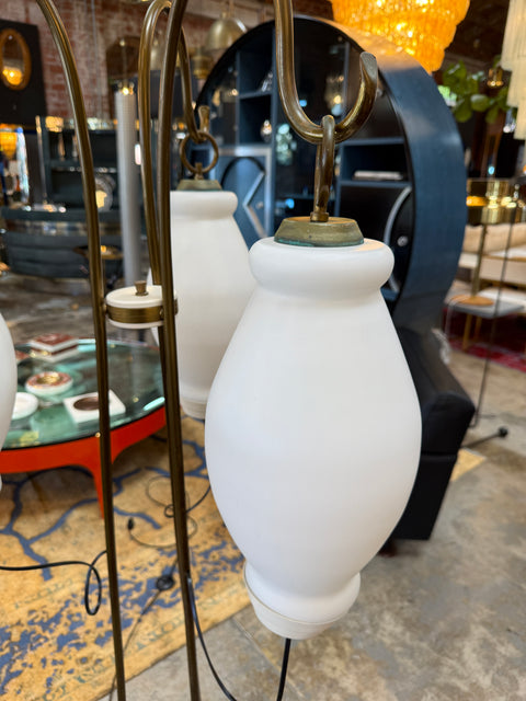 Floor Lamp with Tripod Arms and Opaline Glass Shades, 1950s